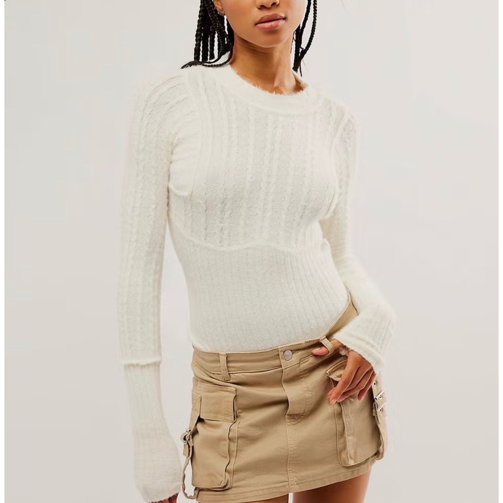 Intimately Free People Keep Me Warm Bodysuit Coconut Milk Cable Knit Mock Neck S